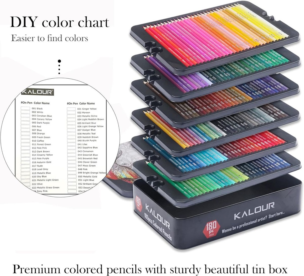 KALOUR 180 Colored Pencil Set for Adults Artists kids- 3.3mm Rich Pigment