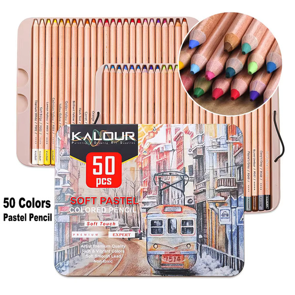 KALOUR 50 Pastel Color Pencil Tin Box Set - Soft Pastel Colored Pencils