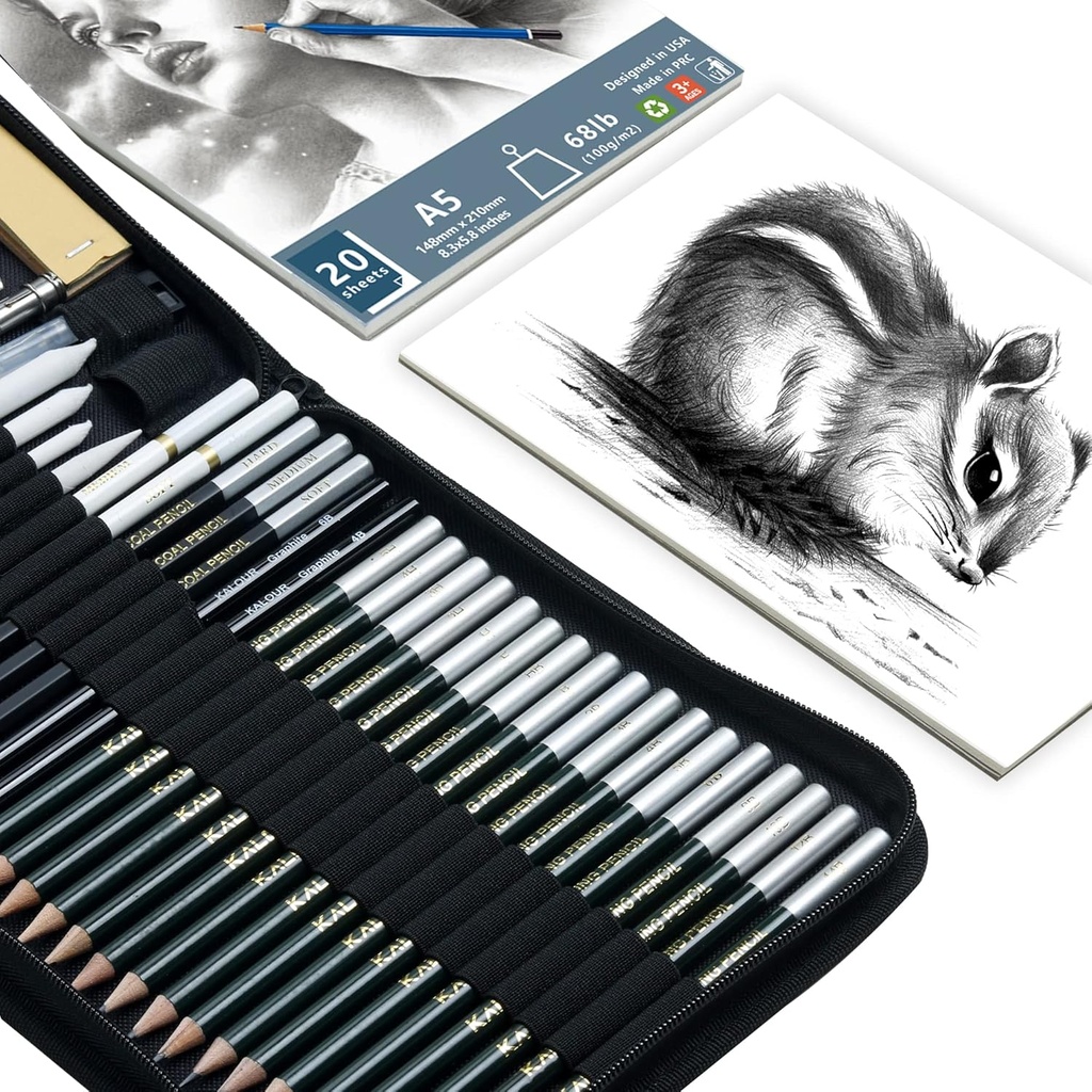KALOUR 54-Pack Professional Sketch Drawing Pencil Set with Sketchbook