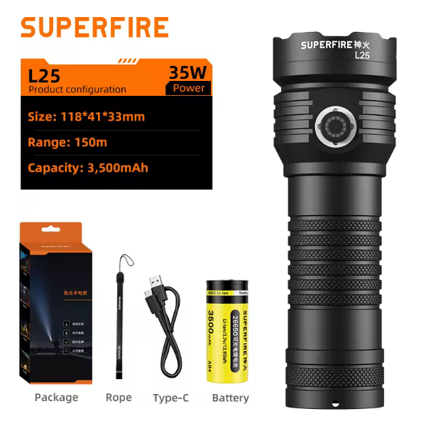 SUPERFIRE L25 Mini 3800LM Rechargeable LED Flashlight with Type-C