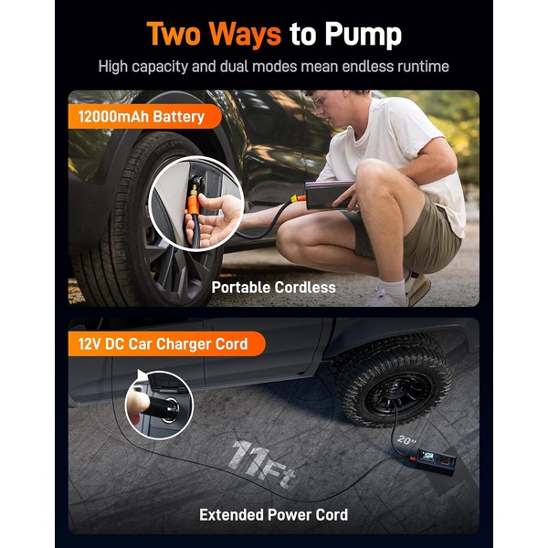 Wolfbox 12000mAh & 150PSI Heavy Duty Tire Inflator - Double-Cylinder 58LPM