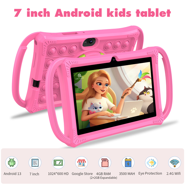 PRITOM K7 Pro Kids Tablet - 7" 4GB RAM, 32GB ROM, Case with Side Handles - Pink