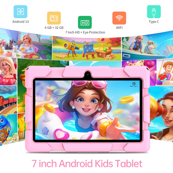 PRITOM K7 Pro Kids Tablet - 7" HD Display, 4GB RAM, 32GB Storage - Pink