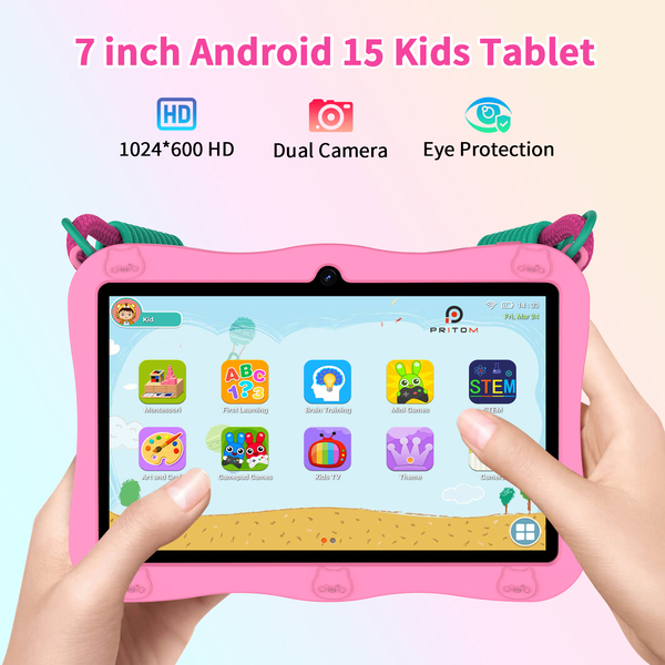 Pritom K7 Pro Pig 7" Kids Tablet - 3GB+5GB RAM, 32GB ROM, Parental Controls - Pink