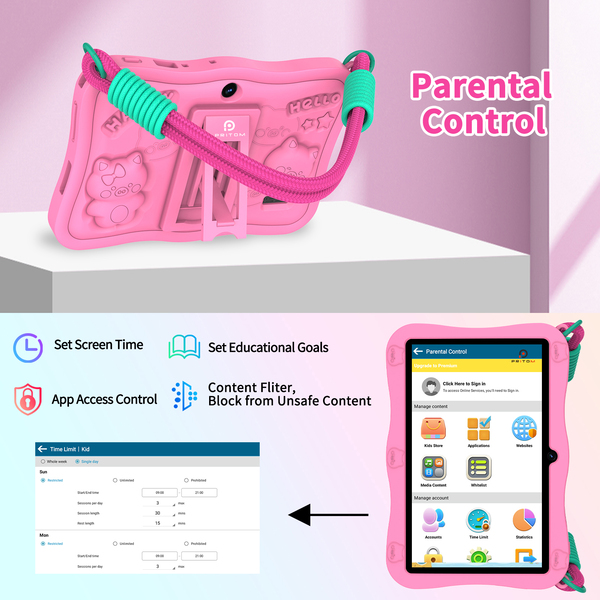 Pritom K7 Pro Pig 7" Kids Tablet - 3GB+5GB RAM, 32GB ROM, Parental Controls - Pink