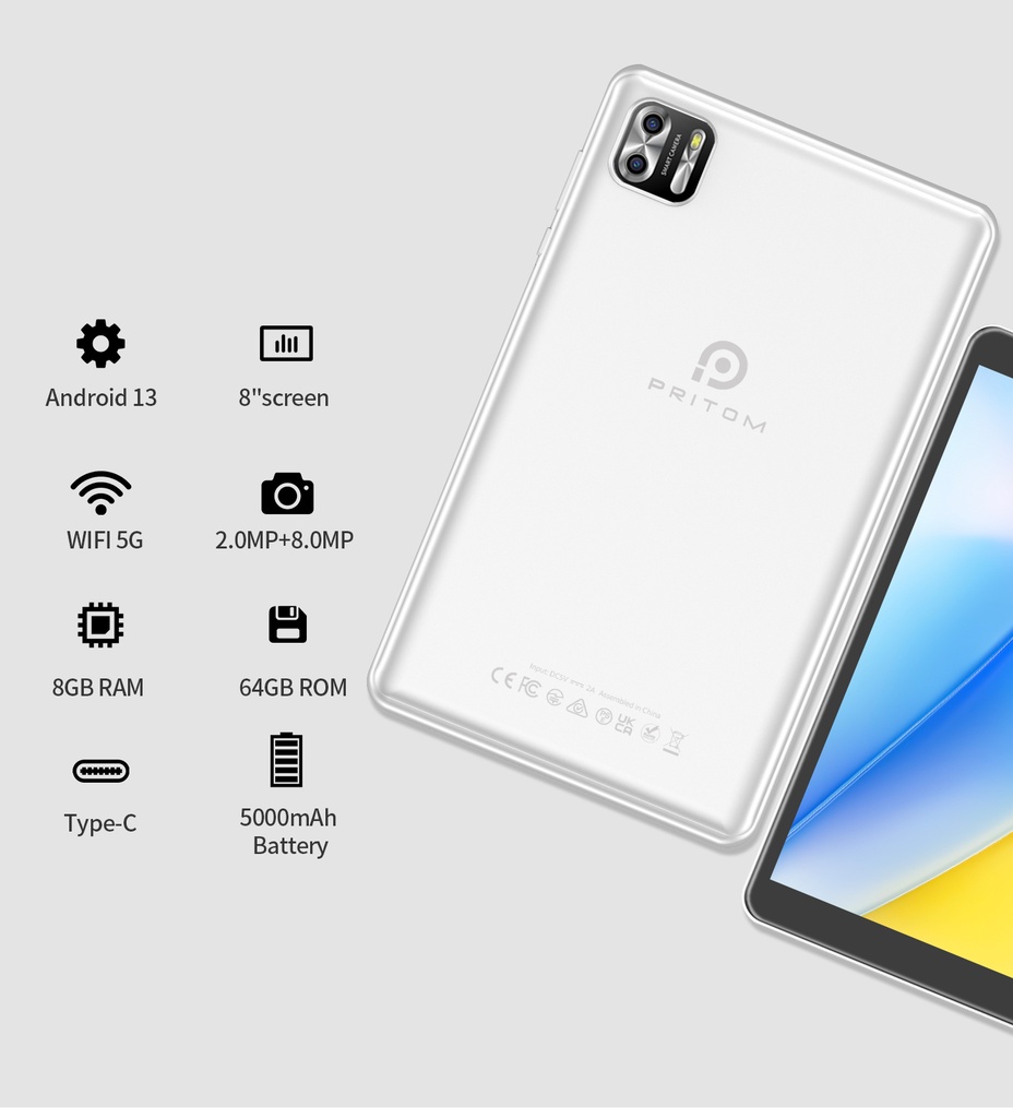 Pritom Tab 8 Pro 8GB RAM 64GB ROM Tablet 8" IPS Display - White