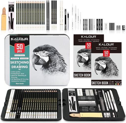 [6194] KALOUR 52-Pack Sketch Drawing Pencils Kit with Two Sketchbooks and Tin Box