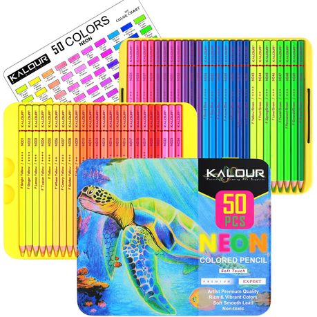 [6208] KALOUR 50 NEON Color Pencil Tin Box Set - Vibrant Neon Colored Pencils