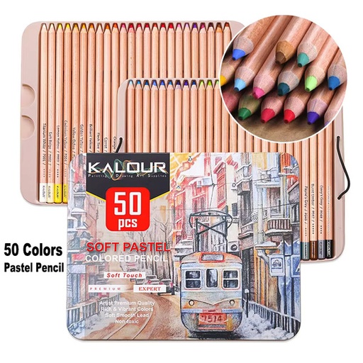 [6210] KALOUR 50 Pastel Color Pencil Tin Box Set - Soft Pastel Colored Pencils